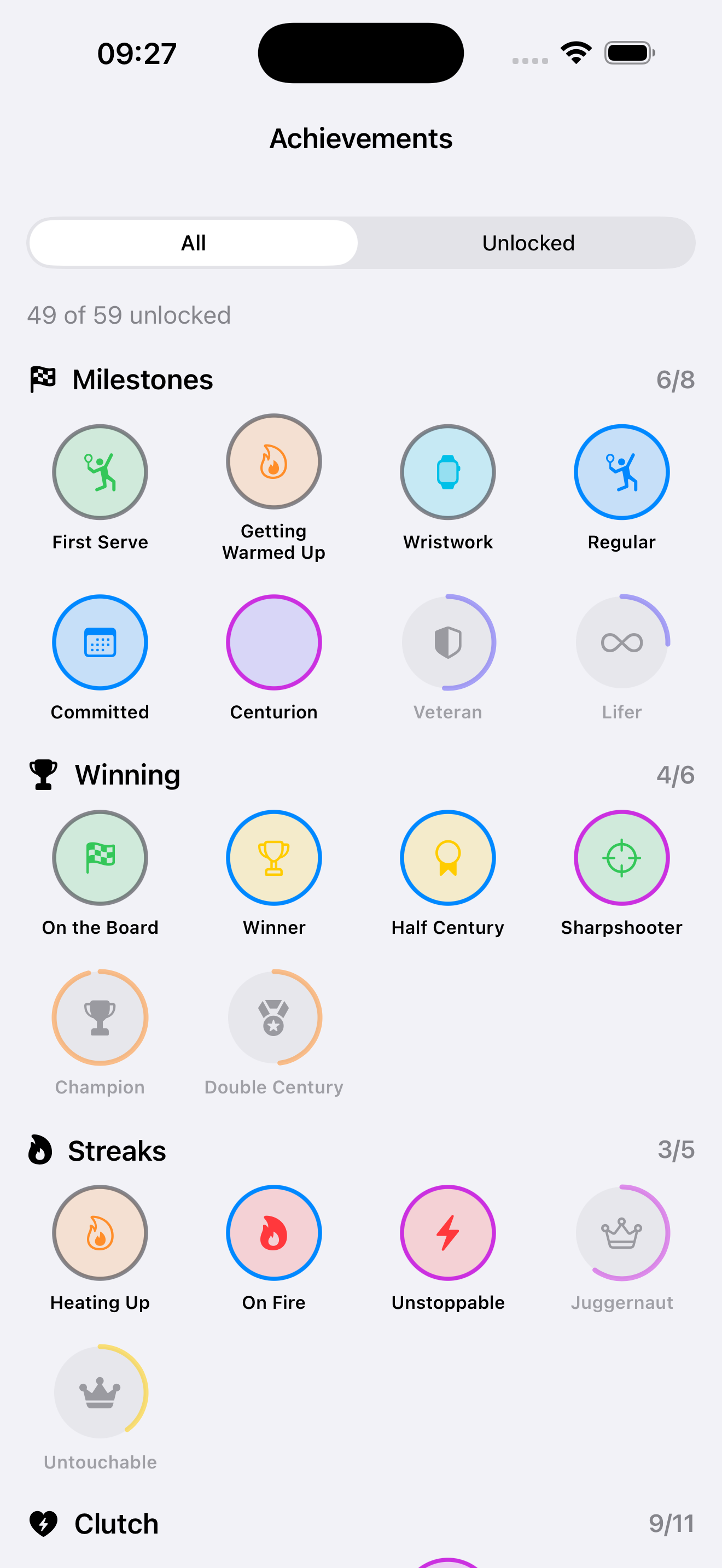 Achievements grid with categories and rarities