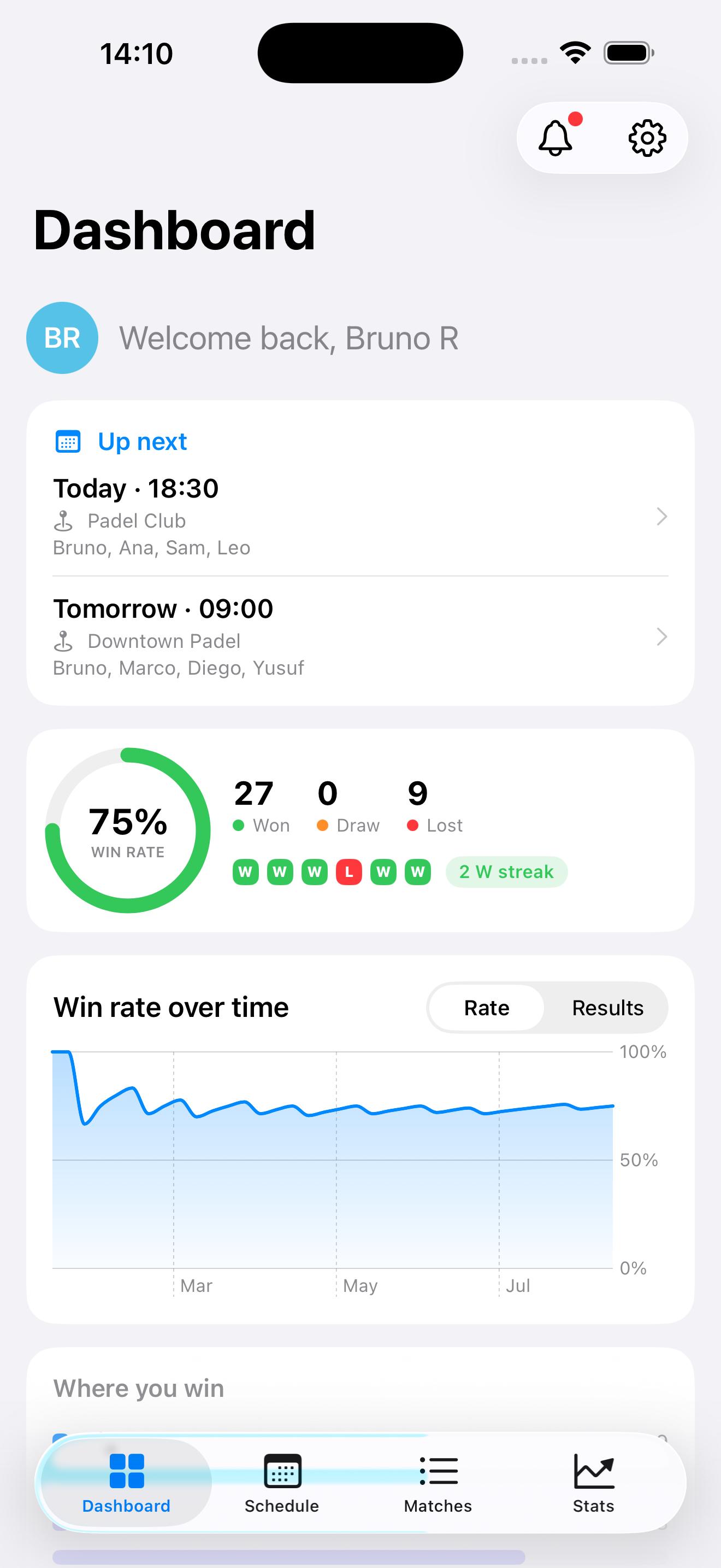 PadelStreak dashboard on iPhone