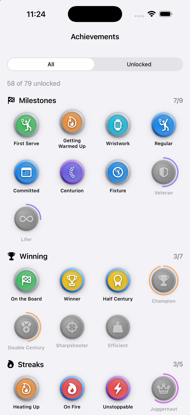Achievements grid with categories and rarities