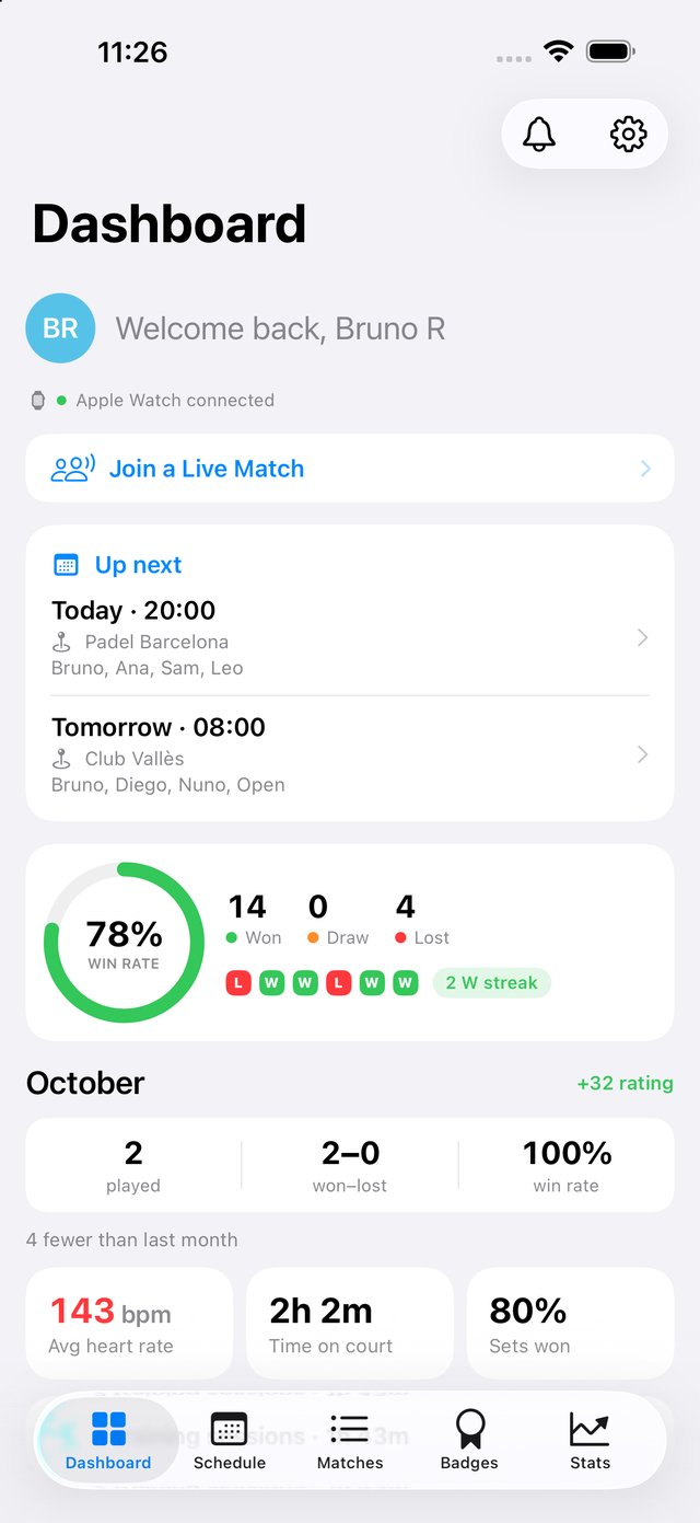 PadelStreak dashboard on iPhone