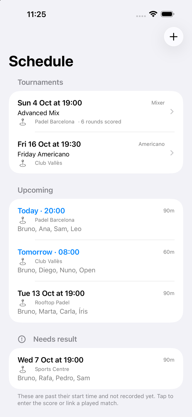 The Schedule screen: upcoming matches imported from a booking app, with club, time and the four players